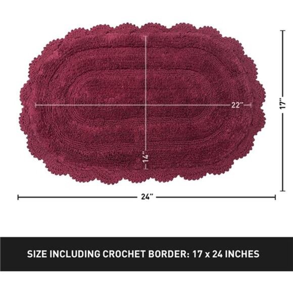 home Burgundy Crochet Bathrug, Cotton Oval bathmat Handcrafted Crochet Border - Picture 4 of 6